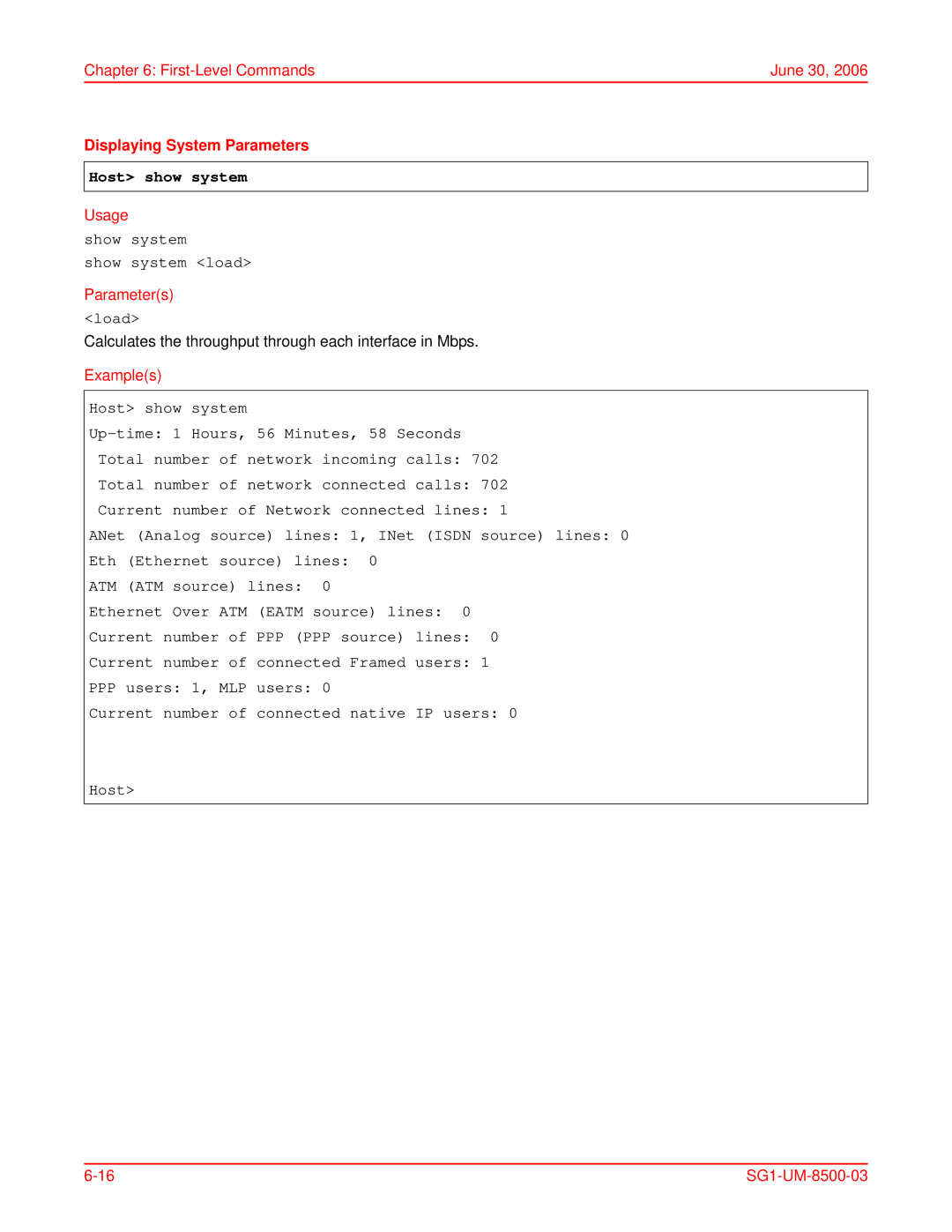 ADC SG-1 user manual Displaying System Parameters, Host show system, Show system Show system load, Load 