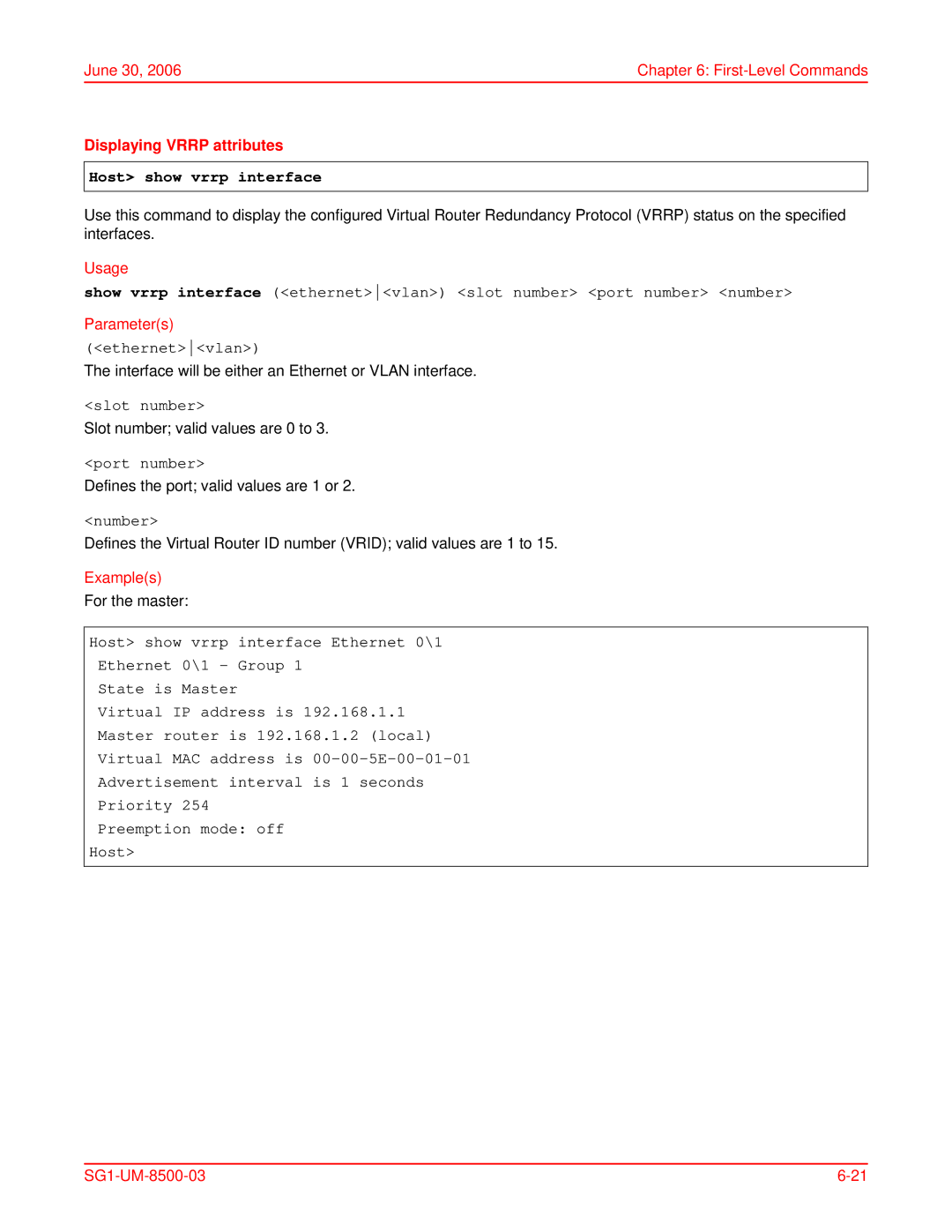 ADC SG-1 user manual Displaying Vrrp attributes, Host show vrrp interface, Ethernetvlan 