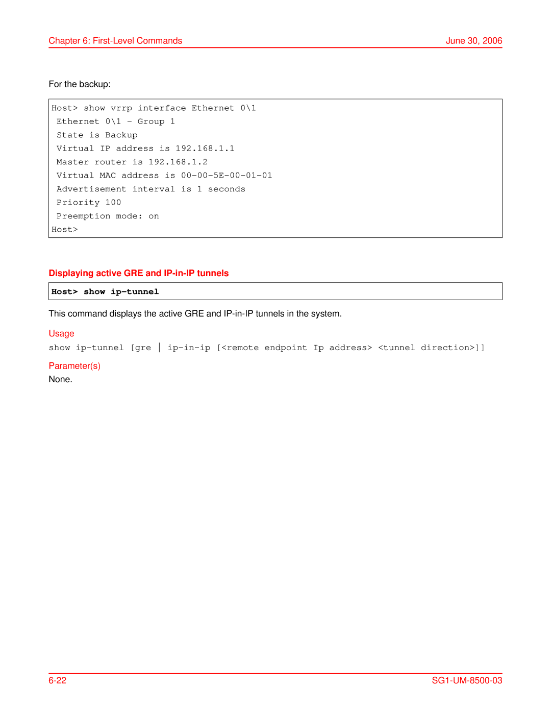 ADC SG-1 user manual Displaying active GRE and IP-in-IP tunnels, Host show ip-tunnel 