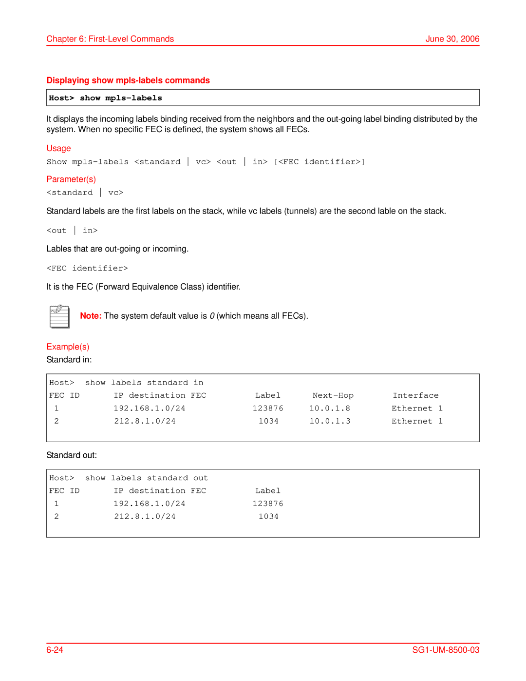 ADC SG-1 user manual Displaying show mpls-labels commands, Host show mpls-labels 