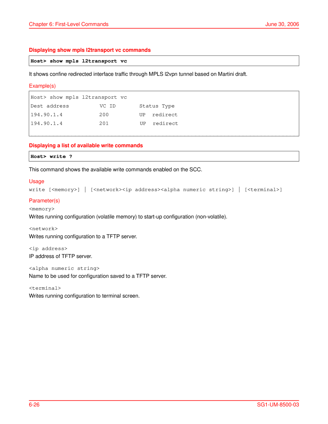 ADC SG-1 user manual Displaying show mpls l2transport vc commands, Host show mpls l2transport vc, Host write ? 