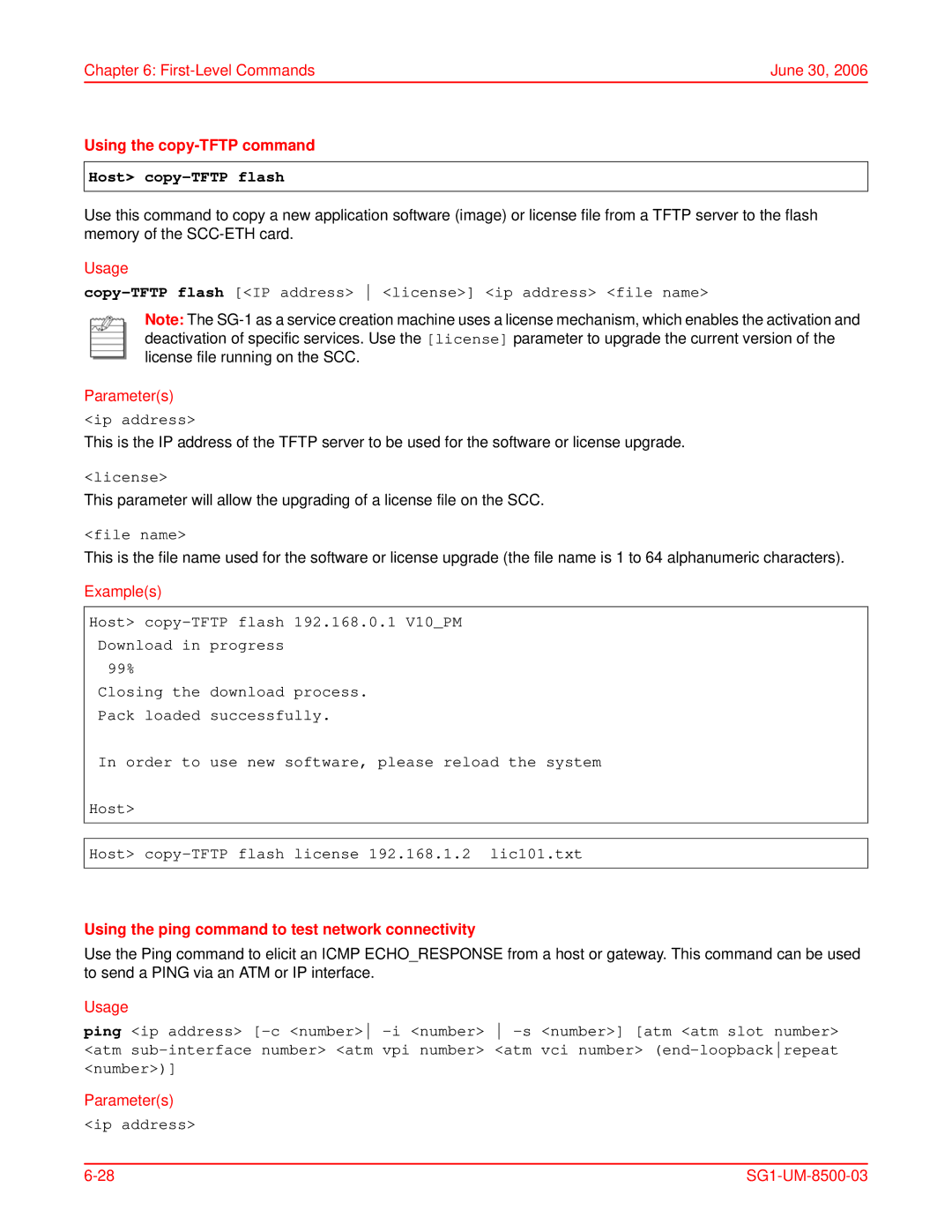 ADC SG-1 user manual Using the copy-TFTP command, Host copy-TFTP flash, Using the ping command to test network connectivity 