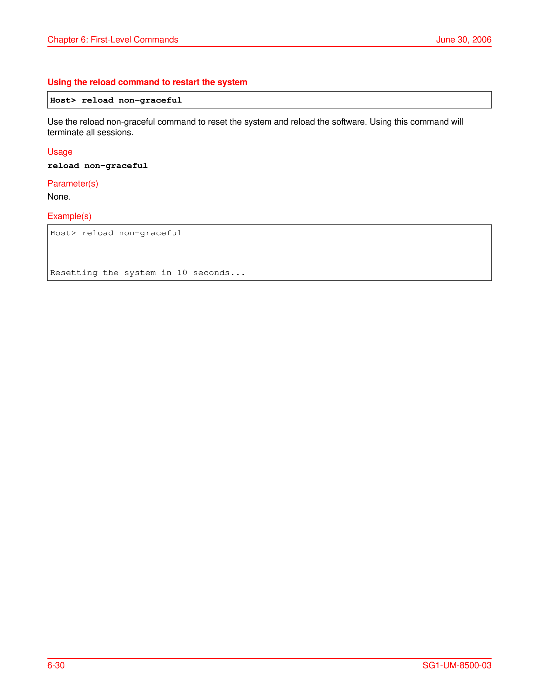 ADC SG-1 user manual Using the reload command to restart the system, Host reload non-graceful, Reload non-graceful 