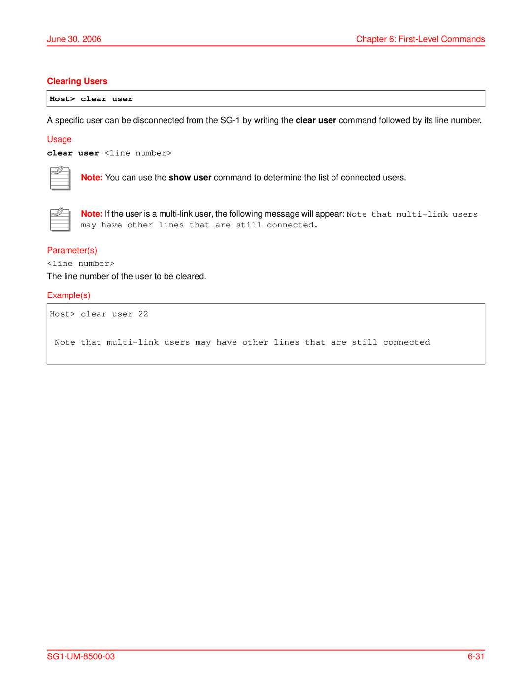 ADC SG-1 user manual Clearing Users, Host clear user, Clear user line number, Line number 