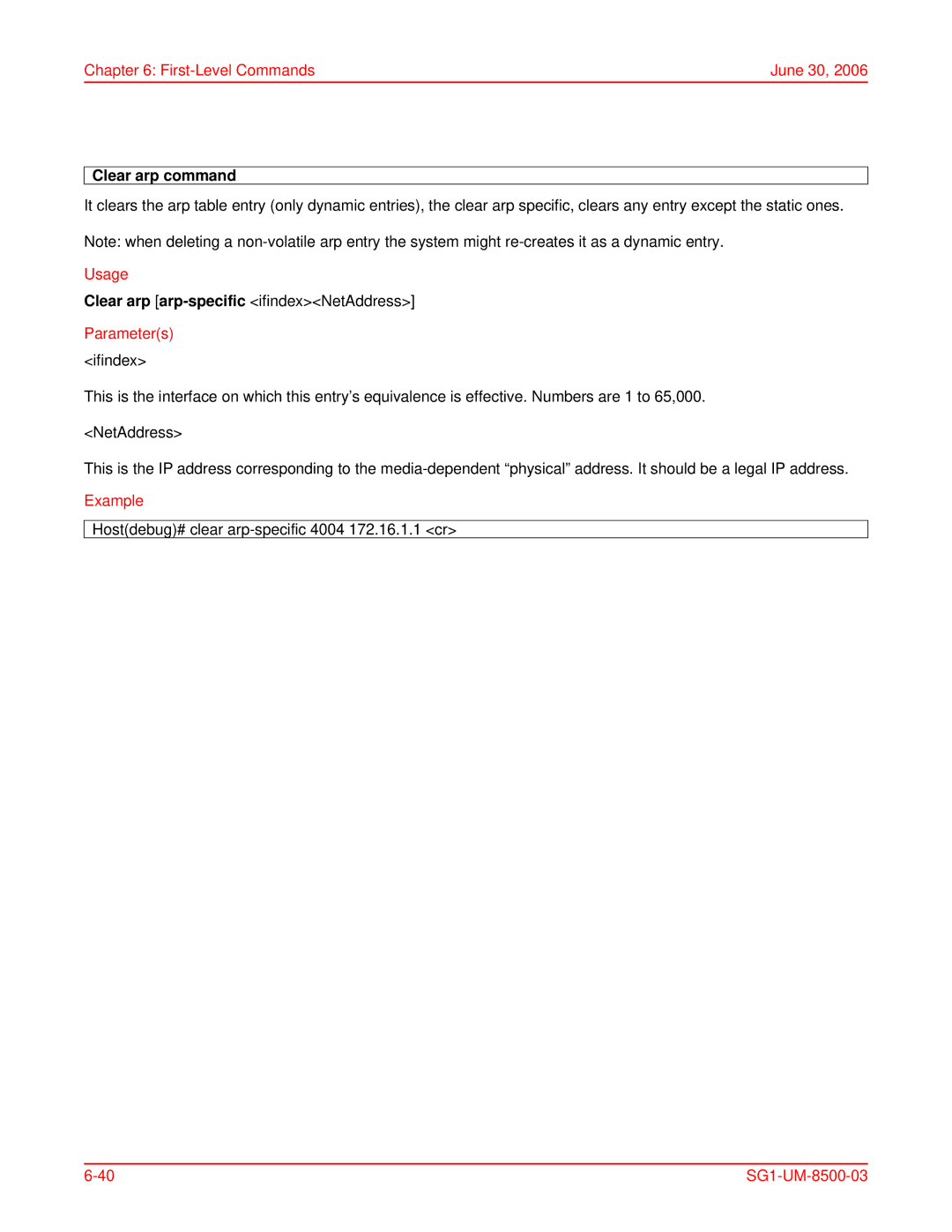 ADC SG-1 user manual Clear arp command, Clear arp arp-specific ifindexNetAddress Parameters 