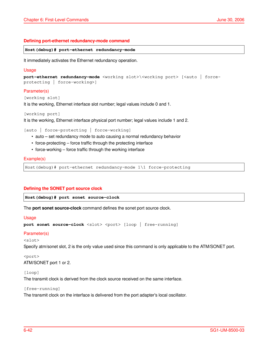 ADC SG-1 user manual Defining port-ethernet redundancy-mode command, Hostdebug# port-ethernet redundancy-mode 