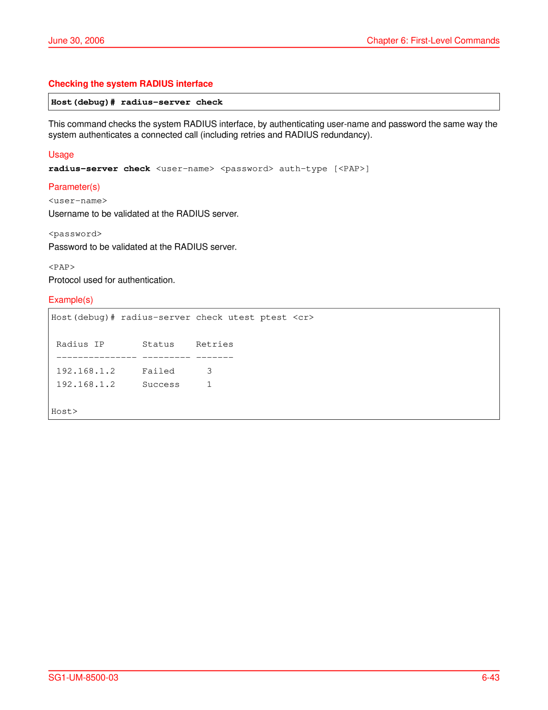 ADC SG-1 user manual Checking the system Radius interface, Hostdebug# radius-server check, User-name 