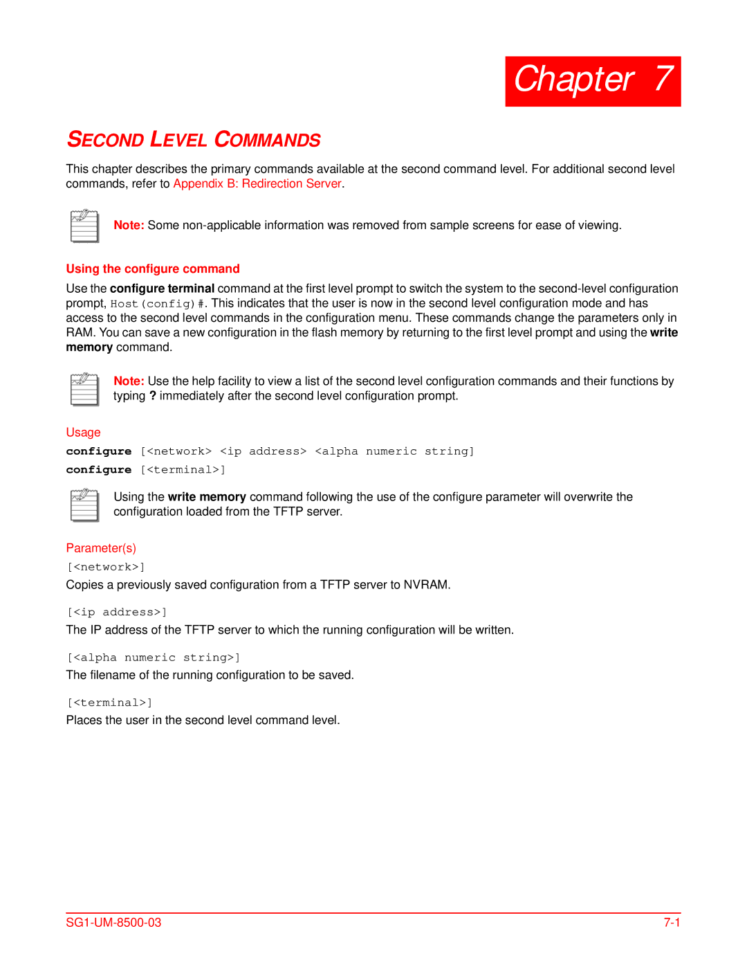 ADC SG-1 user manual Second Level Commands, Using the configure command 