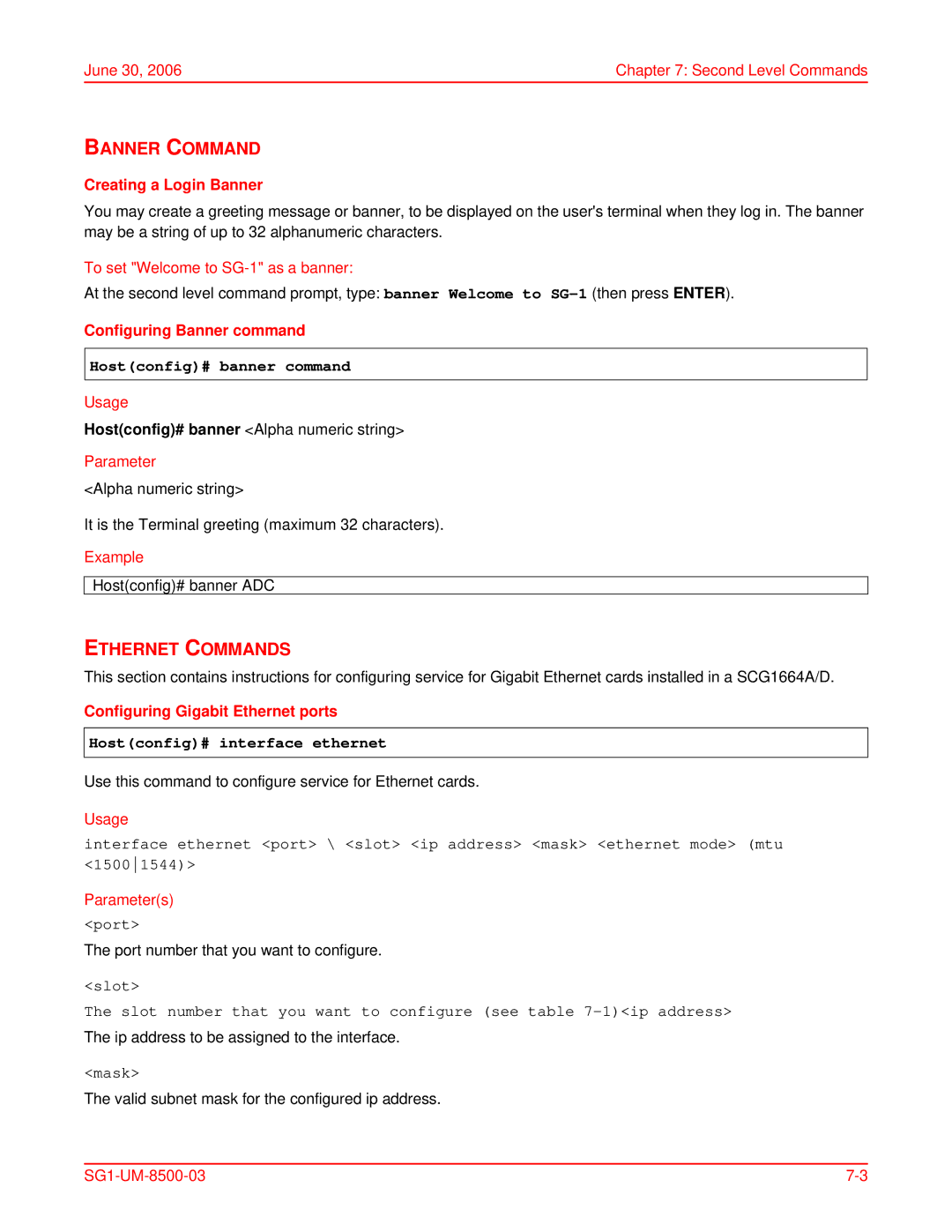 ADC SG-1 user manual Banner Command, Ethernet Commands, Hostconfig# banner command 