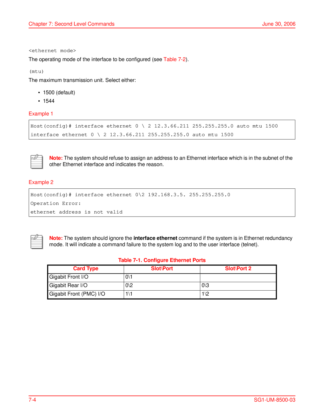 ADC SG-1 user manual Second Level Commands June 30, Ethernet mode, Configure Ethernet Ports Card Type Slot\Port 