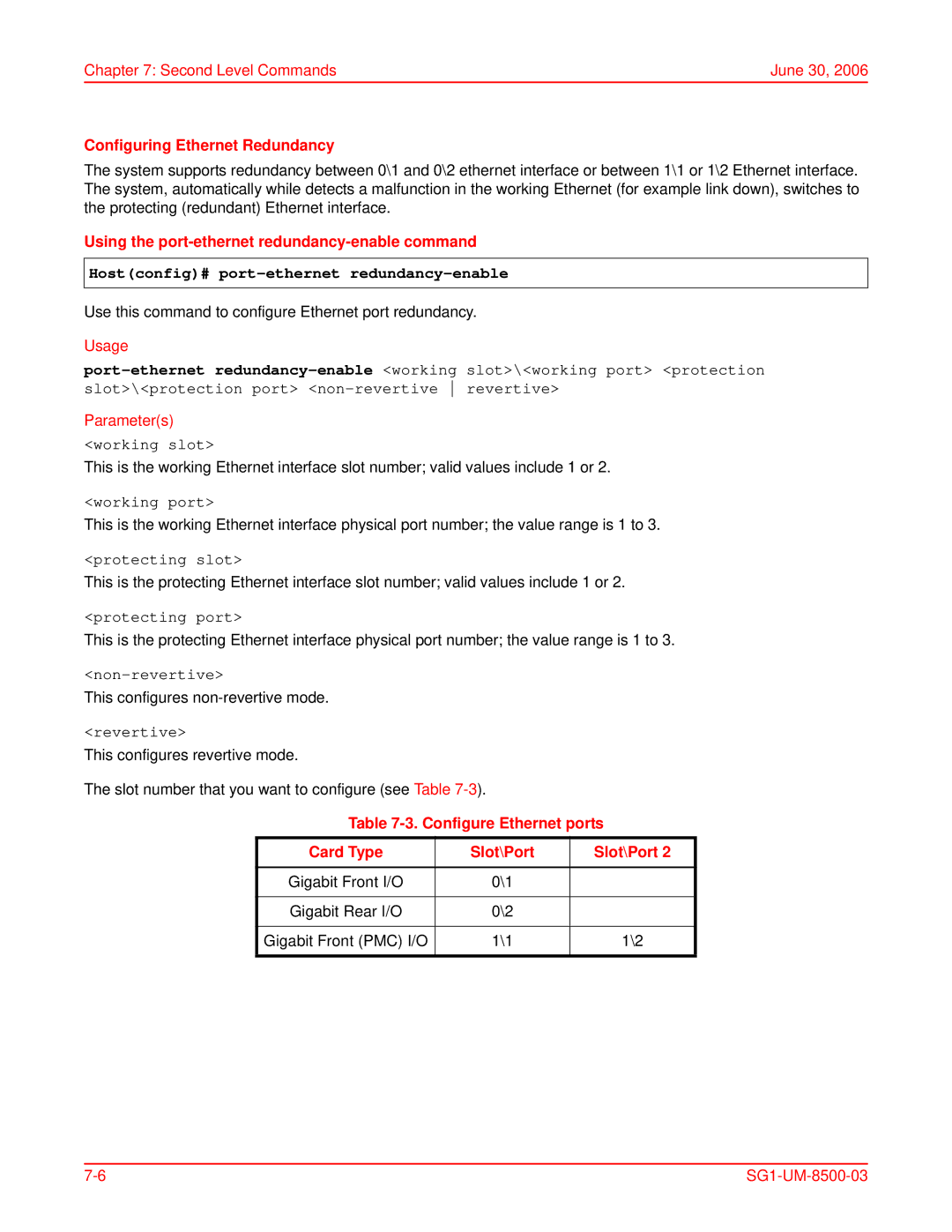 ADC SG-1 user manual Configuring Ethernet Redundancy, Using the port-ethernet redundancy-enable command 