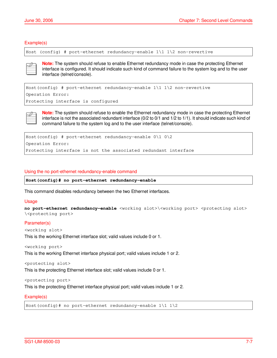 ADC SG-1 user manual June 30 Second Level Commands Examples, Using the no port-ethernet redundancy-enable command 