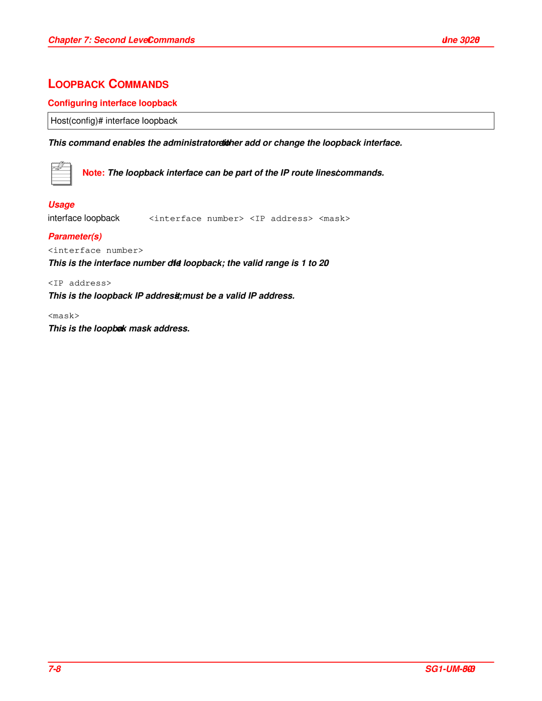 ADC SG-1 user manual Loopback Commands, Configuring interface loopback, Hostconfig# interface loopback, Interface number 