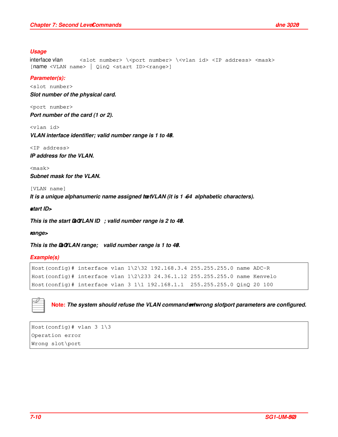 ADC SG-1 user manual Second Level Commands June 30 Usage, Vlan id, Vlan name 