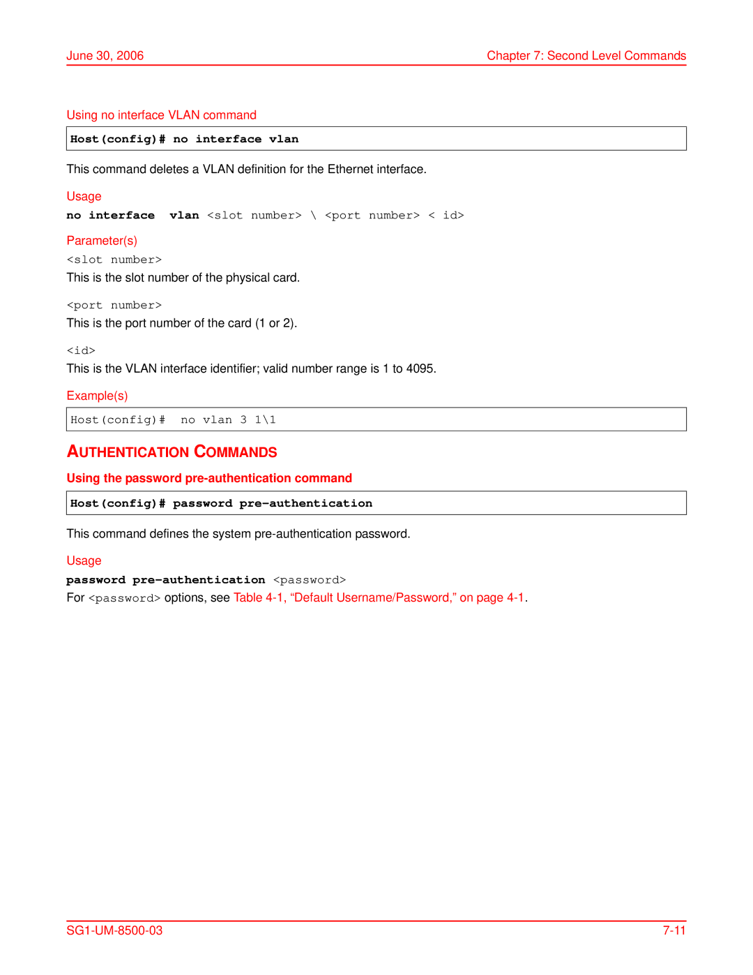 ADC SG-1 user manual Authentication Commands, Hostconfig# no interface vlan, Using the password pre-authentication command 