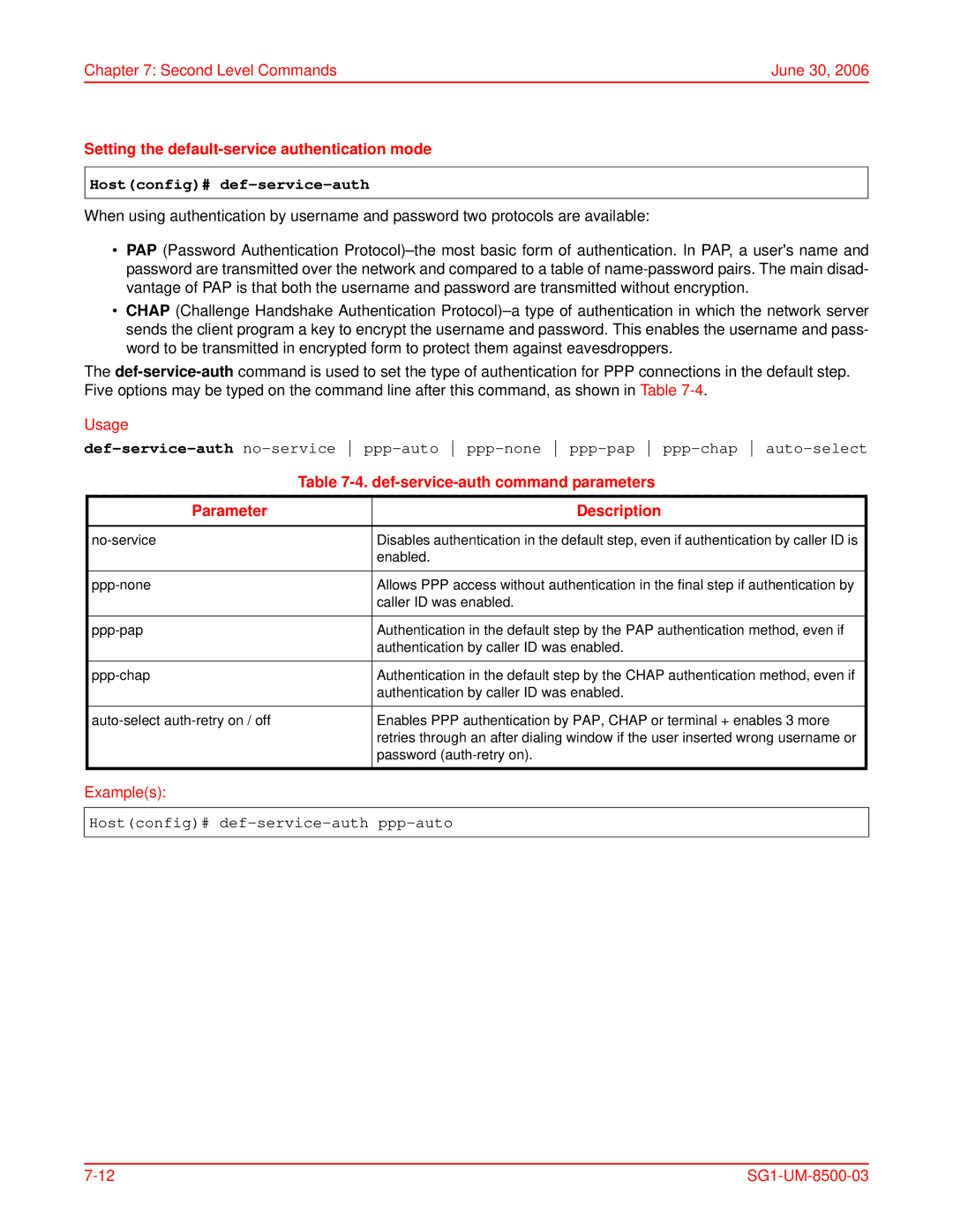 ADC SG-1 user manual Setting the default-service authentication mode, Hostconfig# def-service-auth, Parameter Description 