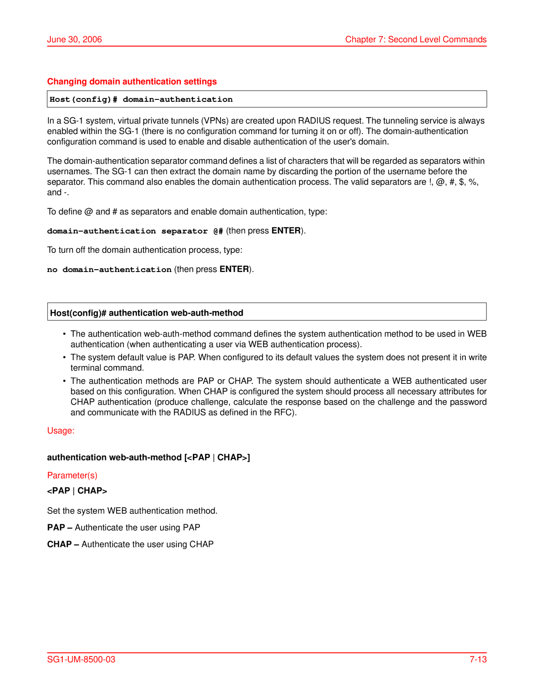 ADC SG-1 user manual Changing domain authentication settings, Hostconfig# domain-authentication 