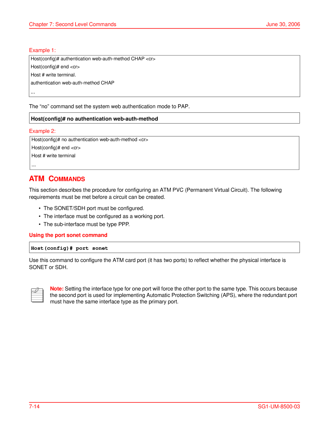 ADC SG-1 user manual ATM Commands, Second Level Commands June 30 Example, Hostconfig# no authentication web-auth-method 