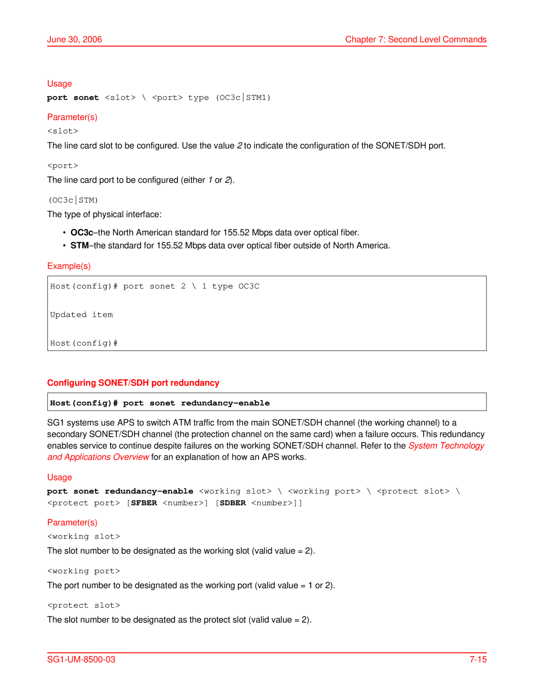 ADC SG-1 user manual Configuring SONET/SDH port redundancy, Hostconfig# port sonet redundancy-enable 