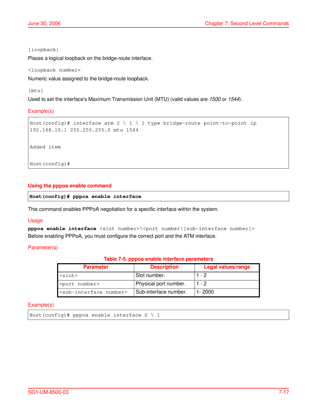 ADC SG-1 user manual Using the pppoa enable command, Hostconfig# pppoa enable interface 