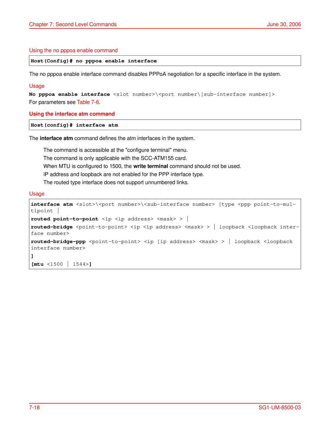 ADC SG-1 user manual HostConfig# no pppoa enable interface, Using the interface atm command, Hostconfig# interface atm 