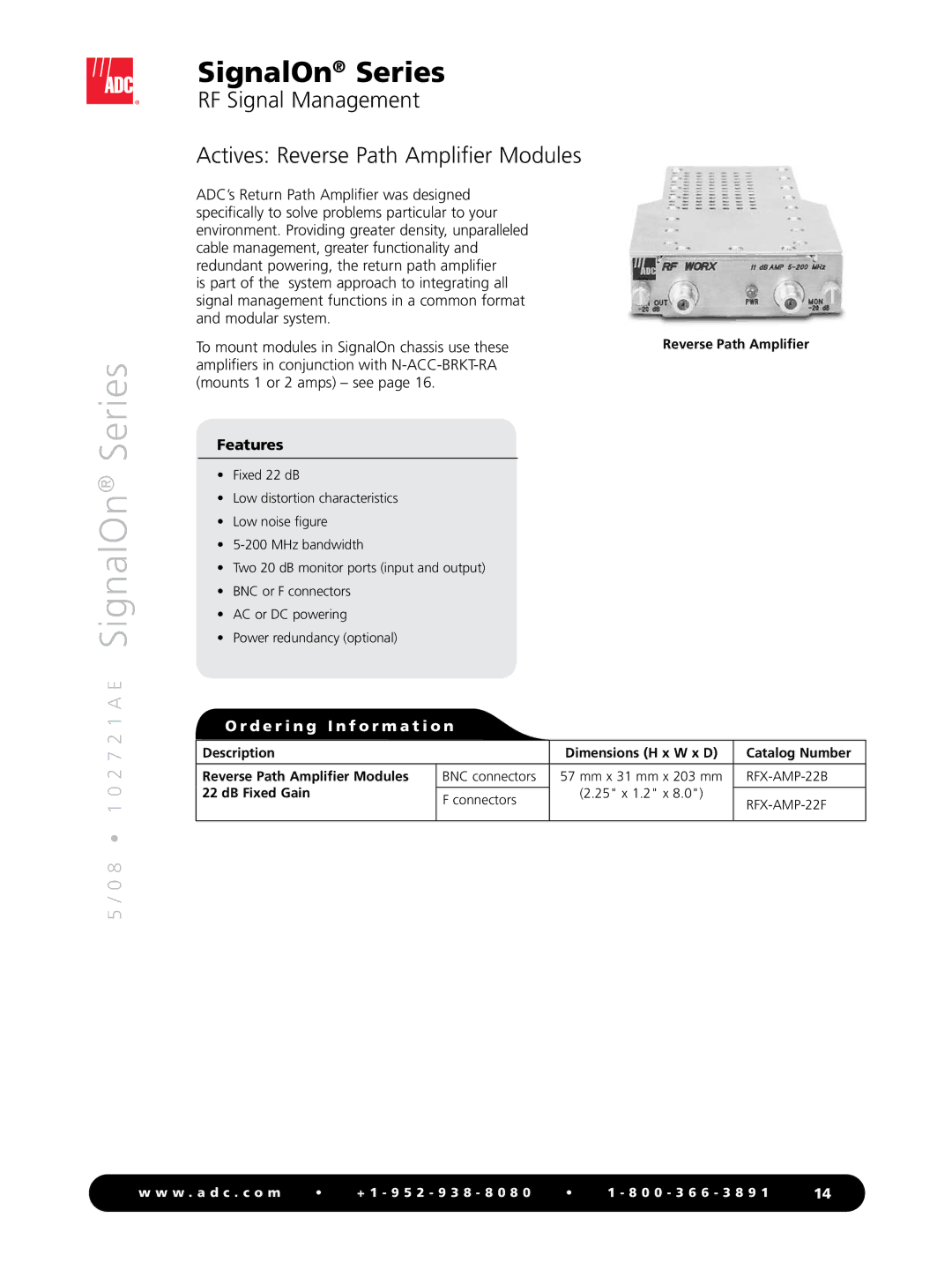 ADC SignalOn Series manual RF Signal Management Actives Reverse Path Amplifier Modules, DB Fixed Gain 