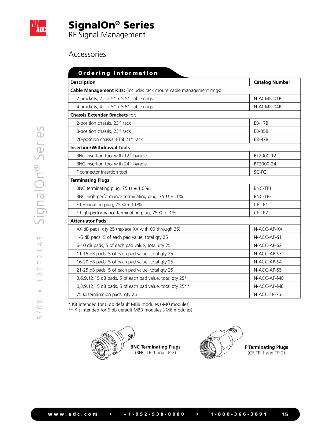 ADC SignalOn Series manual RF Signal Management Accessories, Chassis Extender Brackets for, Insertion/Withdrawal Tools 