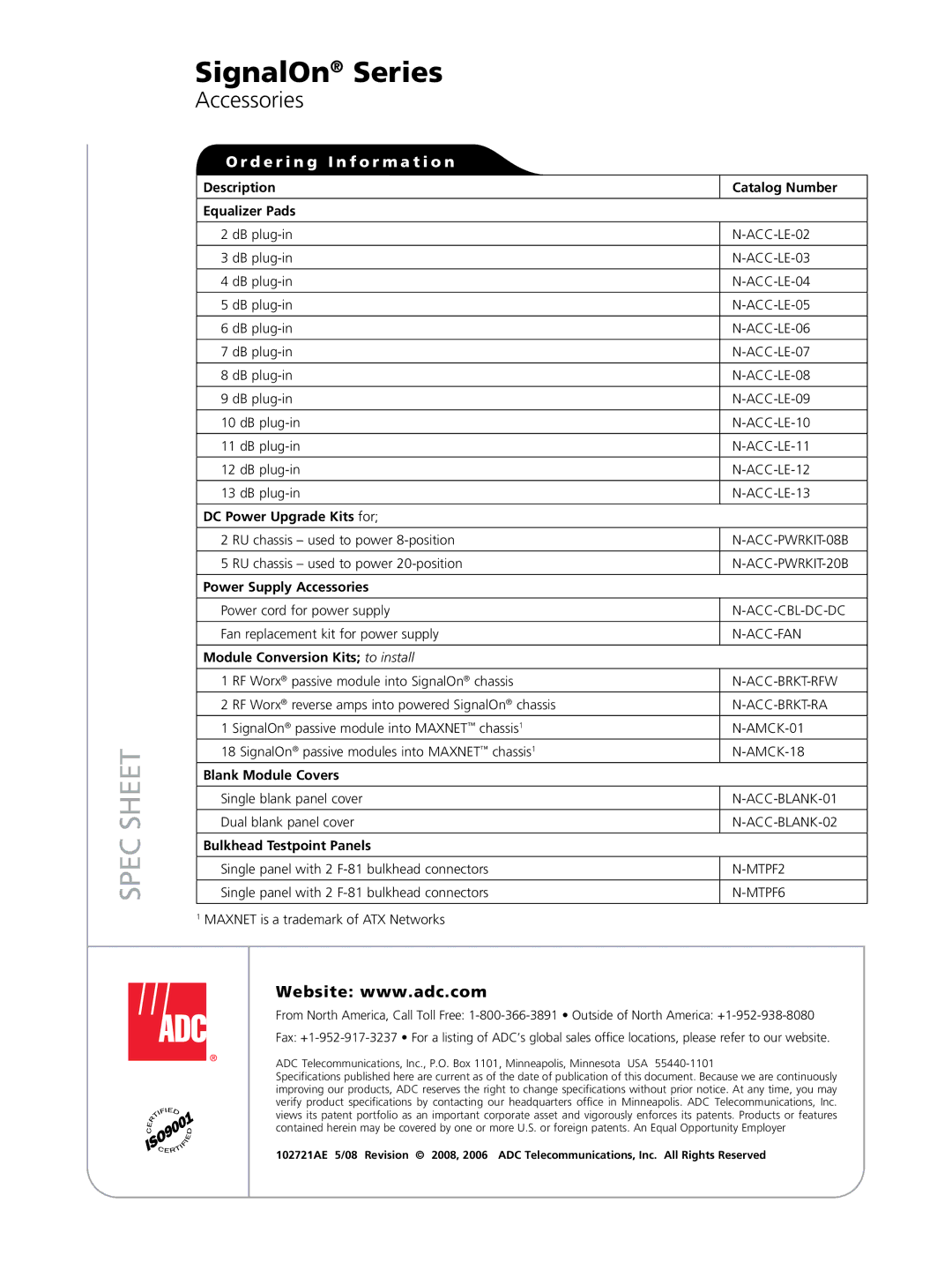 ADC SignalOn Series manual Description Catalog Number Equalizer Pads, DC Power Upgrade Kits for, Power Supply Accessories 