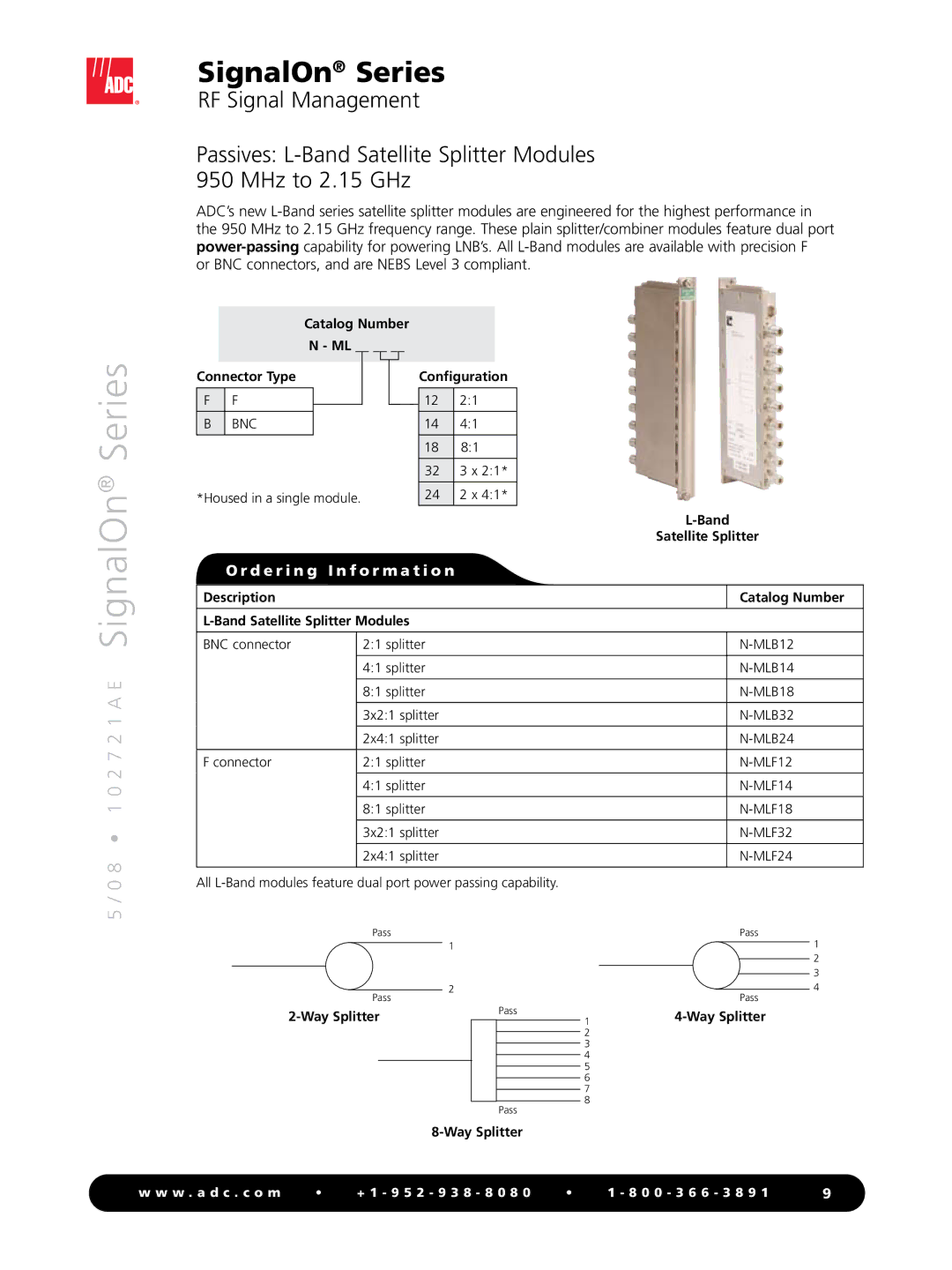 ADC SignalOn Series manual Catalog Number Connector Type, Band Satellite Splitter, Way Splitter 