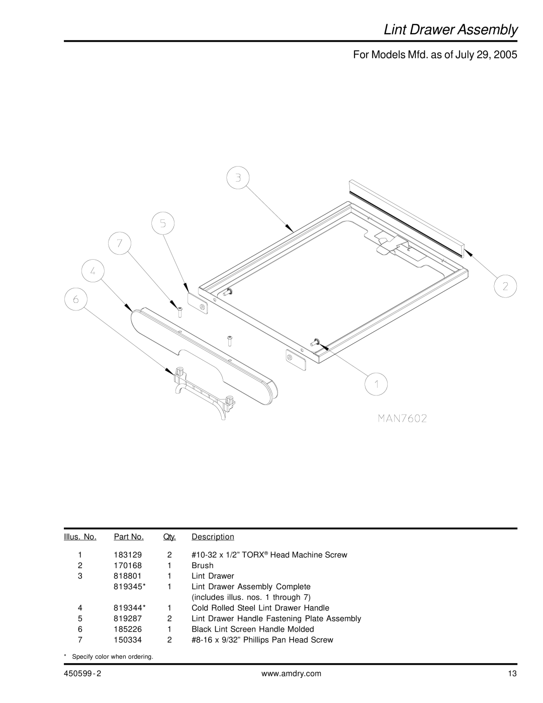 ADC SL20 Gen II manual Lint Drawer Assembly, For Models Mfd. as of July 29 