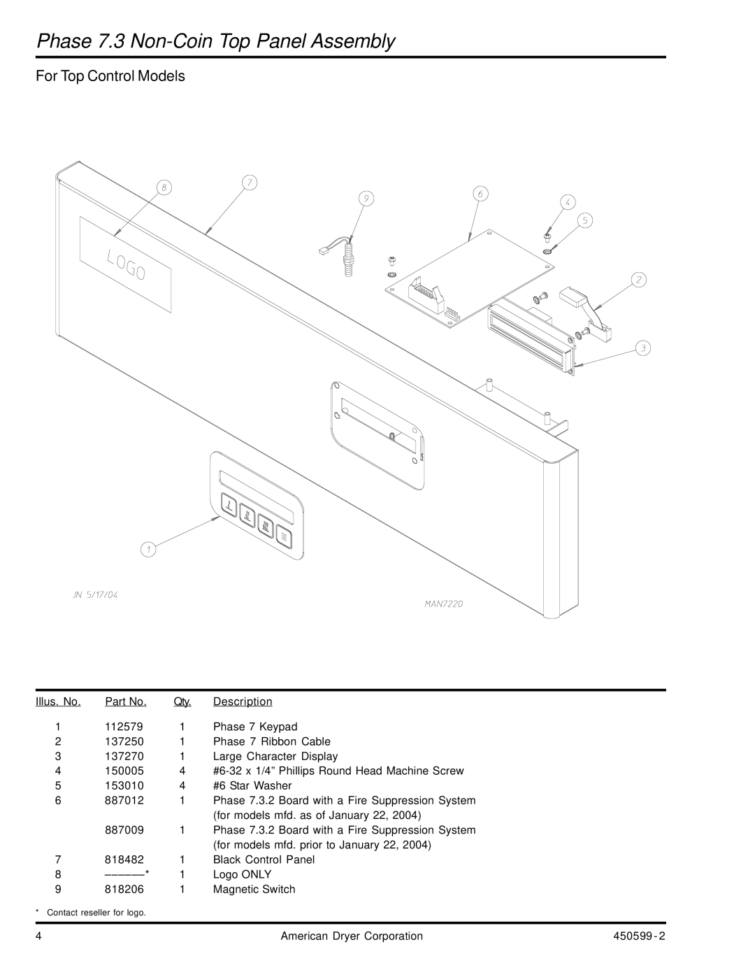 ADC SL20 Gen II manual Phase 7.3 Non-Coin Top Panel Assembly, For Top Control Models 