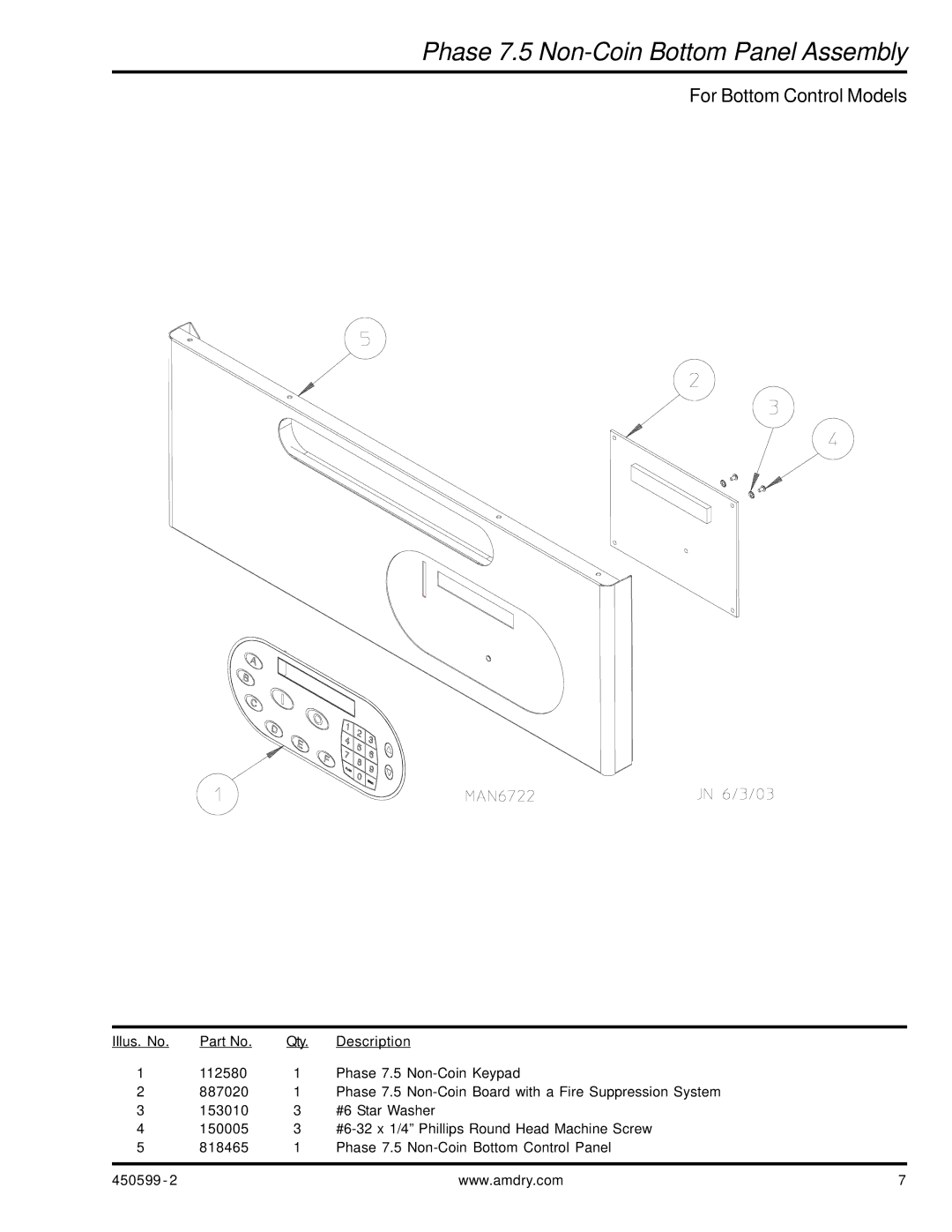 ADC SL20 Gen II manual Phase 7.5 Non-Coin Bottom Panel Assembly, For Bottom Control Models 