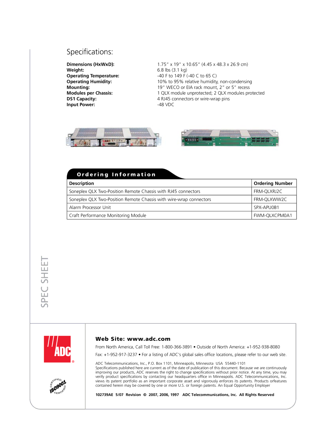 ADC Soneplex Quad Loop Extender manual Spec Sheet, Specifications, D e r i n g I n f o r m a t i o n 