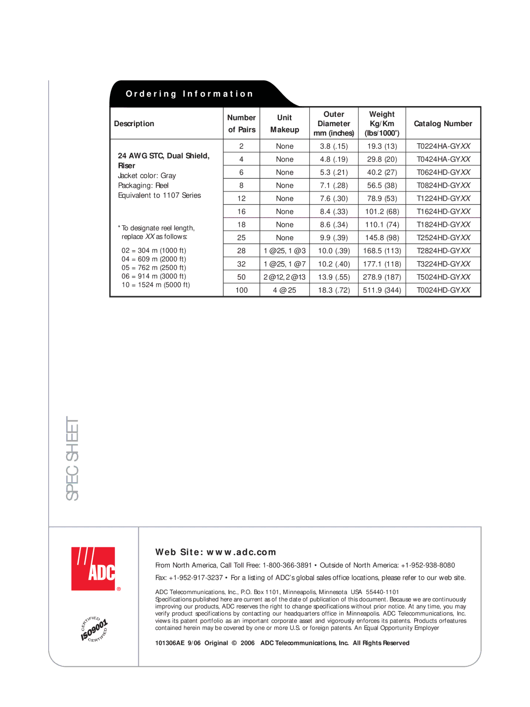 ADC Standard FTP Switchboard Cable manual Spec Sheet 