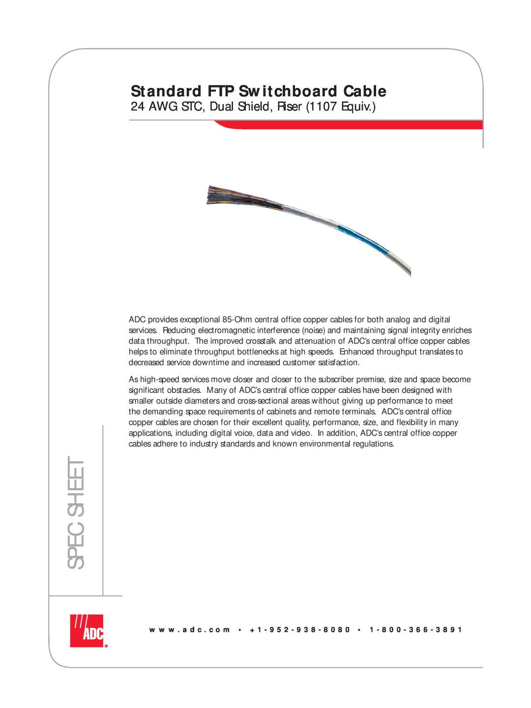 ADC Standard FTP Switchboard Cable manual AWG STC, Dual Shield, Riser 1107 Equiv, Spec Sheet 