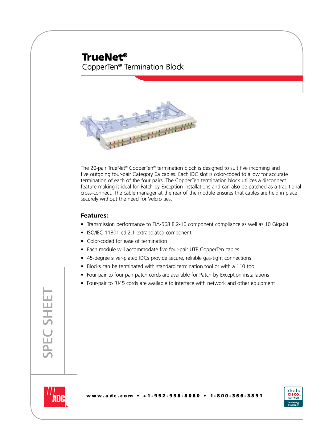 ADC manual TrueNet, CopperTen Termination Block, Spec Sheet, Features 