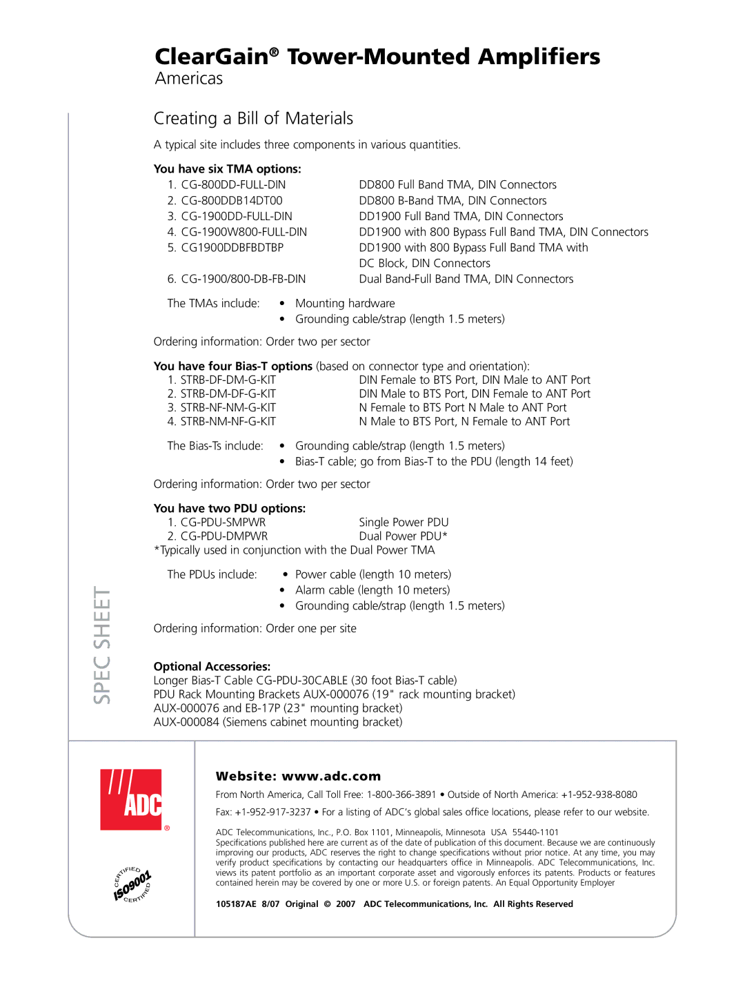 ADC Tower-Mounted Amplifiers manual Americas Creating a Bill of Materials, You have six TMA options 