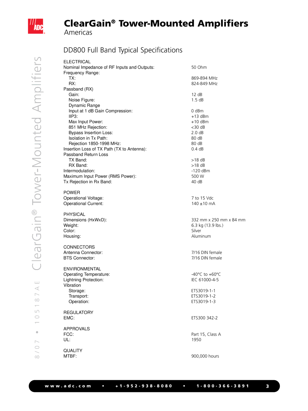 ADC Tower-Mounted Amplifiers manual Americas DD800 Full Band Typical Specifications 