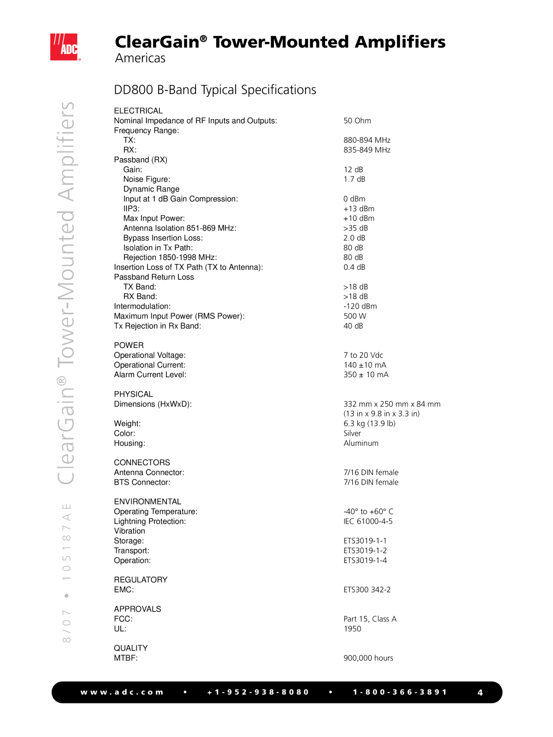 ADC Tower-Mounted Amplifiers manual Americas DD800 B-Band Typical Specifications 