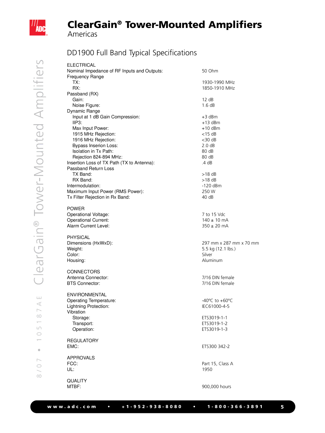 ADC Tower-Mounted Amplifiers manual Americas DD1900 Full Band Typical Specifications 