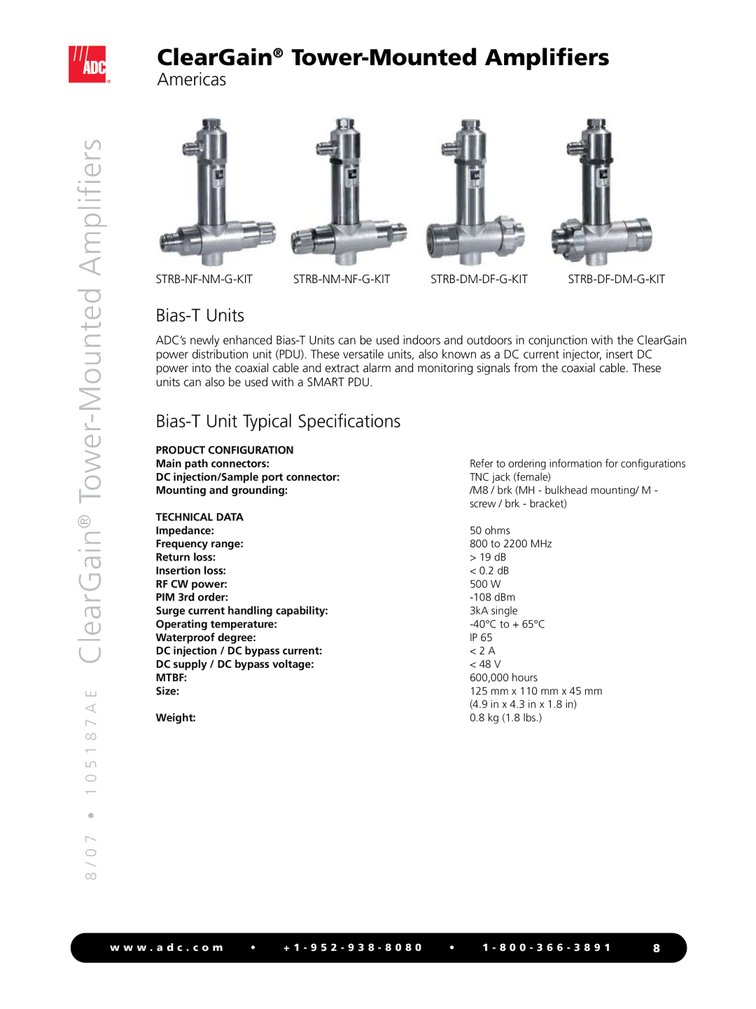 ADC Tower-Mounted Amplifiers manual Bias-T Units, Bias-T Unit Typical Specifications, Product Configuration, Technical Data 