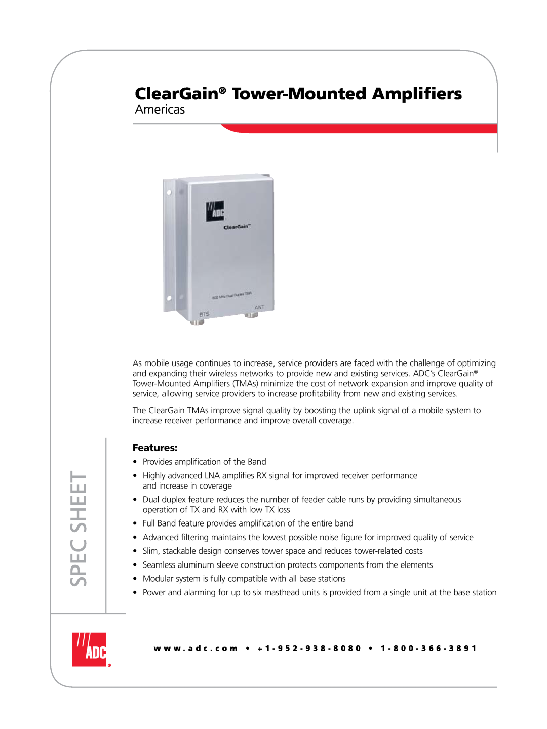 ADC Tower-Mounted Amplifiers manual ClearGain Tower-MountedAmplifiers, Americas, Features, Spec Sheet 