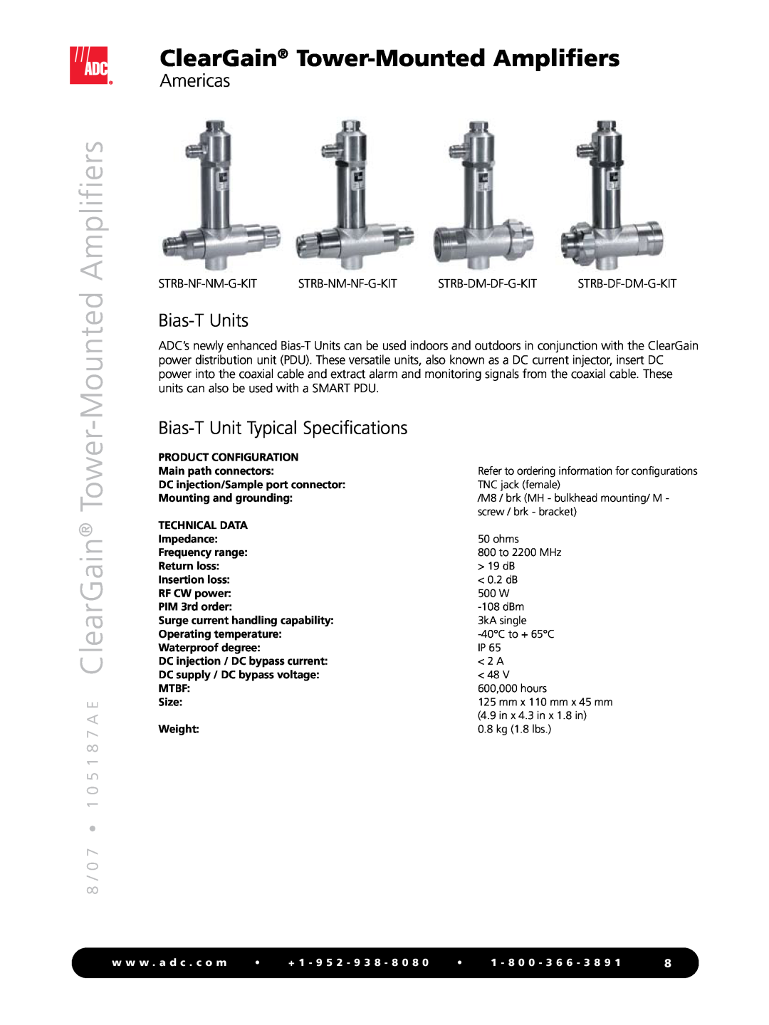 ADC Tower-Mounted Amplifiers Bias-TUnits, Bias-TUnit Typical Specifications, ClearGain Tower-MountedAmplifiers, Americas 