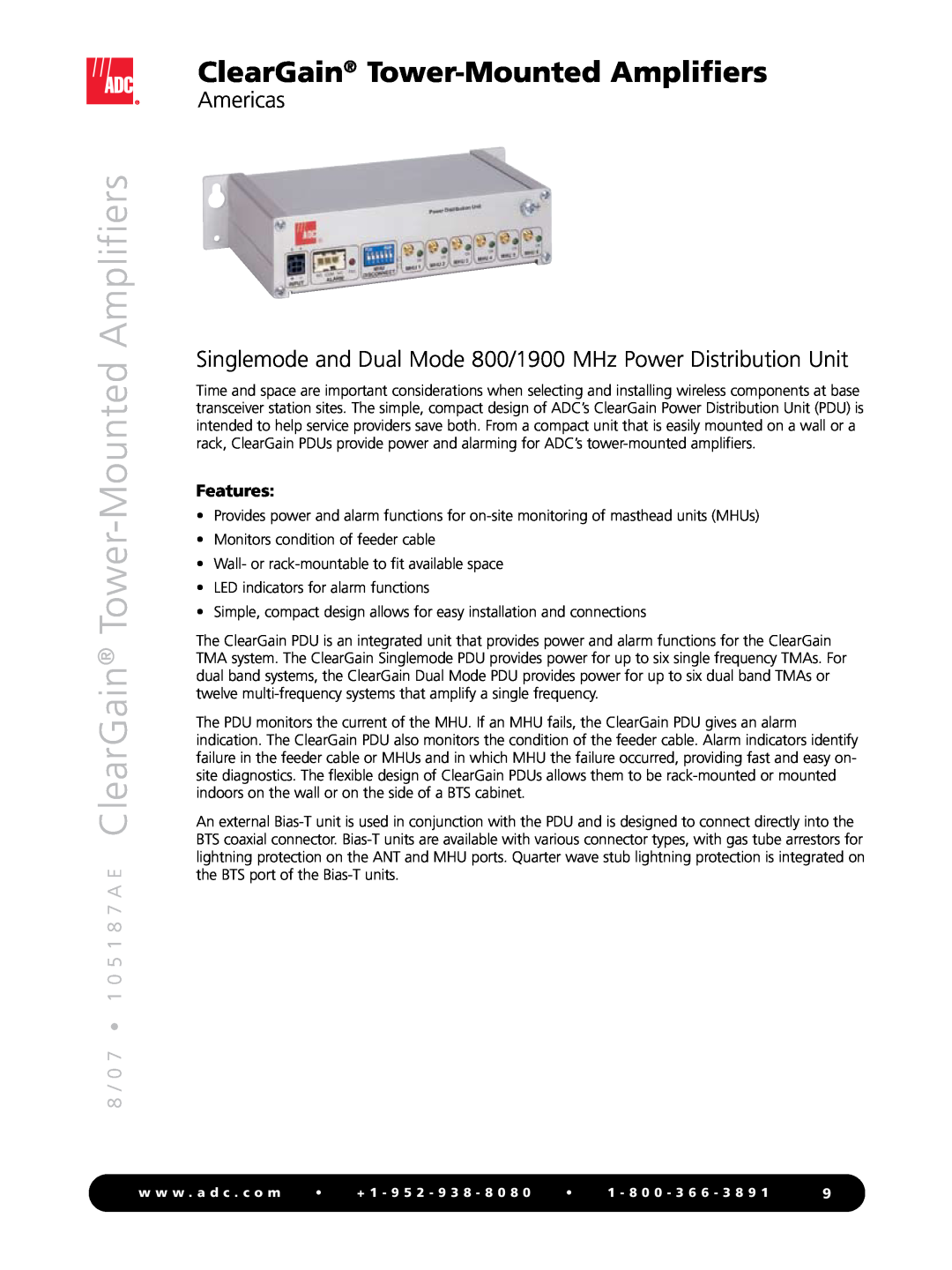 ADC Tower-Mounted Amplifiers manual ClearGain Tower-MountedAmplifiers, Americas, Features 