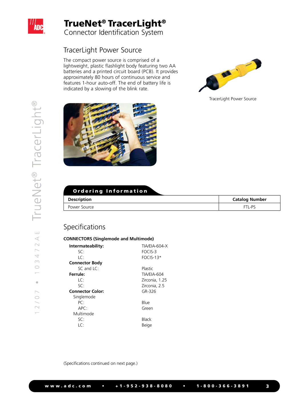 ADC TrueNet TracerLight manual Connector Identification System TracerLight Power Source, Specifications 