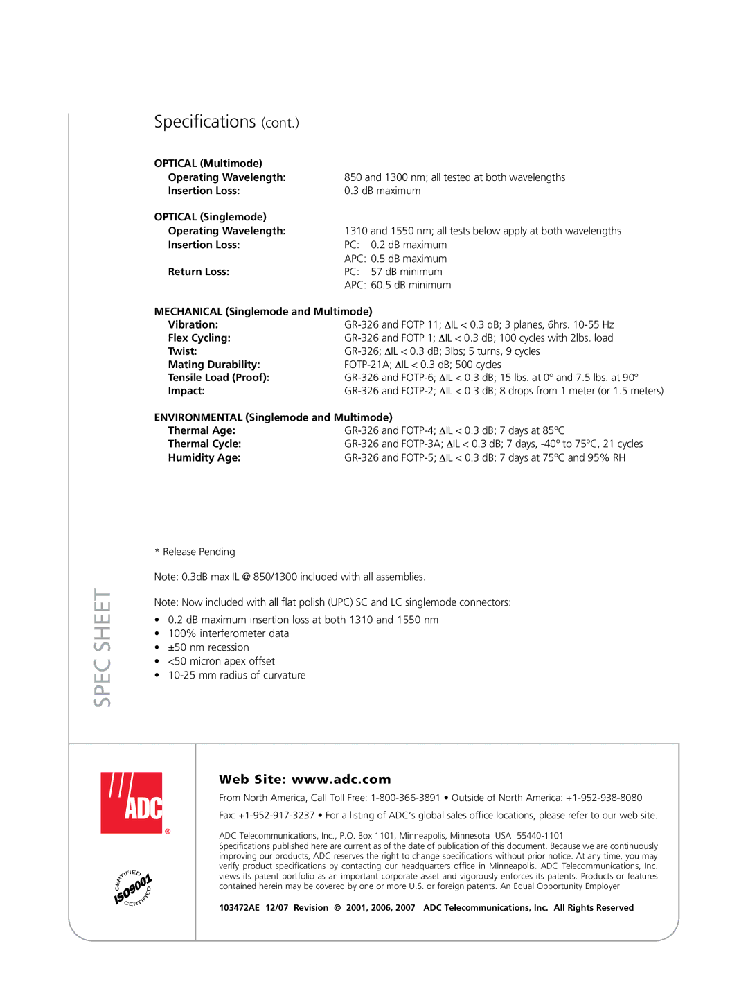 ADC TrueNet TracerLight Optical Multimode Operating Wavelength, Insertion Loss, Optical Singlemode Operating Wavelength 