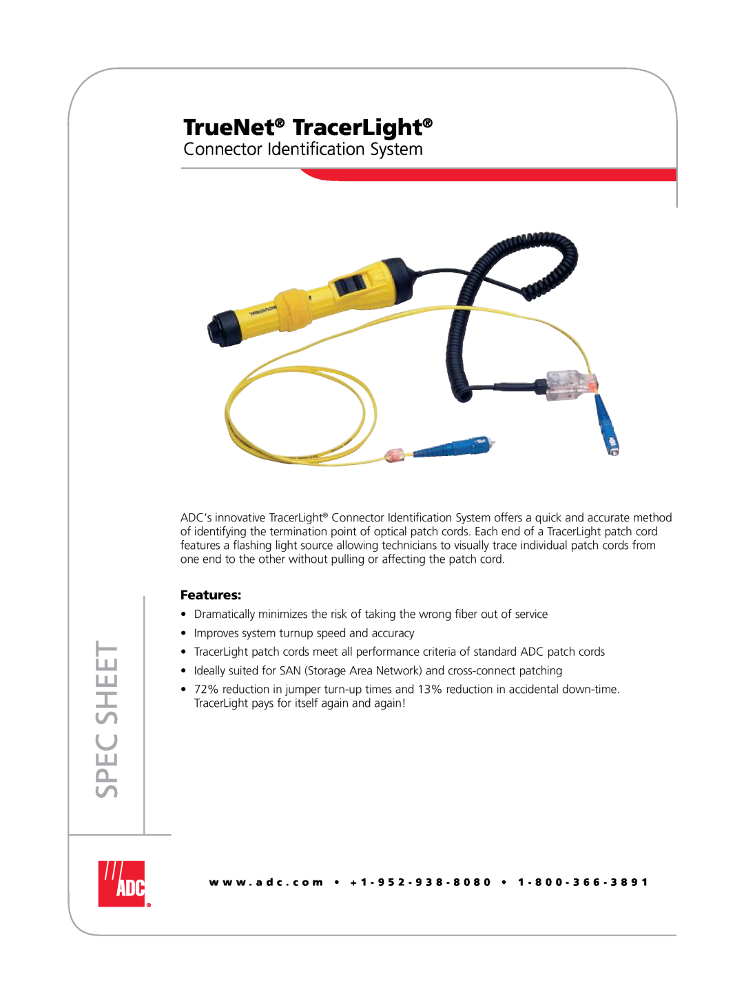 ADC TrueNet TracerLight manual Connector Identification System, Spec Sheet, Features 
