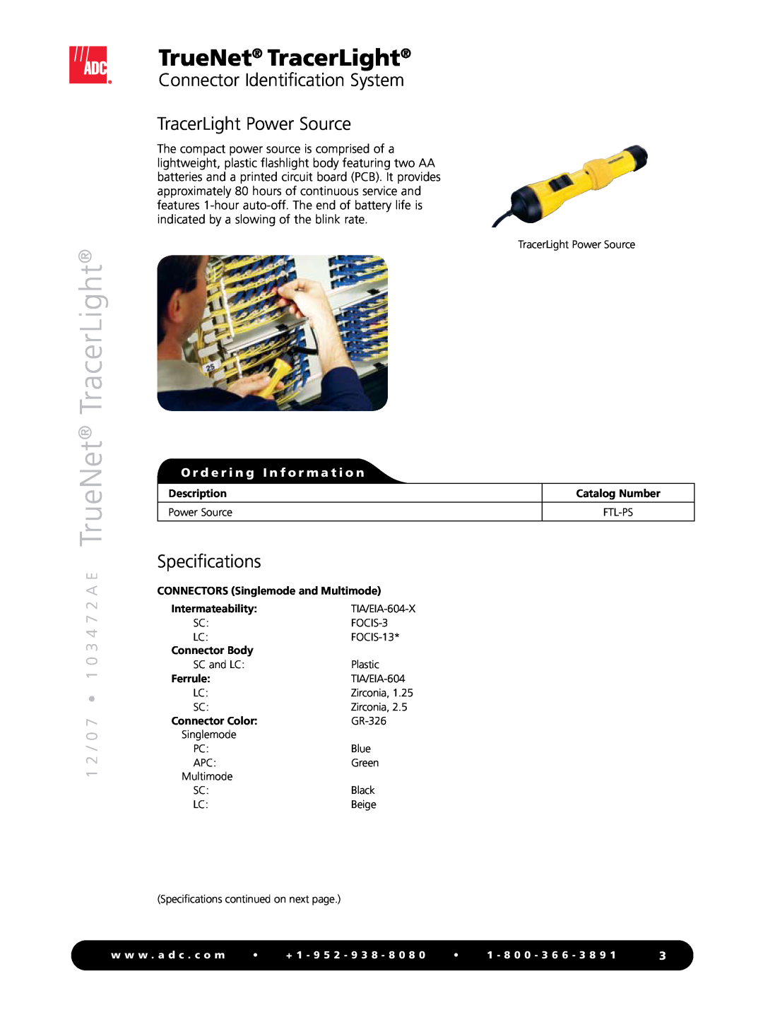 ADC TrueNet TracerLight manual Connector Identification System TracerLight Power Source, Specifications 