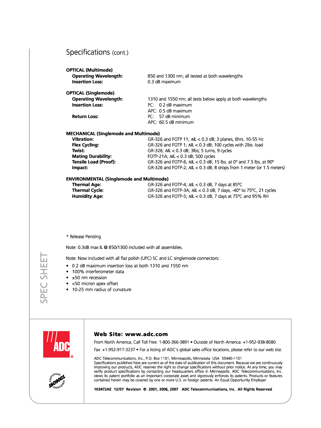 ADC TrueNet TracerLight Specifications cont, Spec Sheet, optical Multimode, Operating Wavelength, Insertion Loss, Twist 