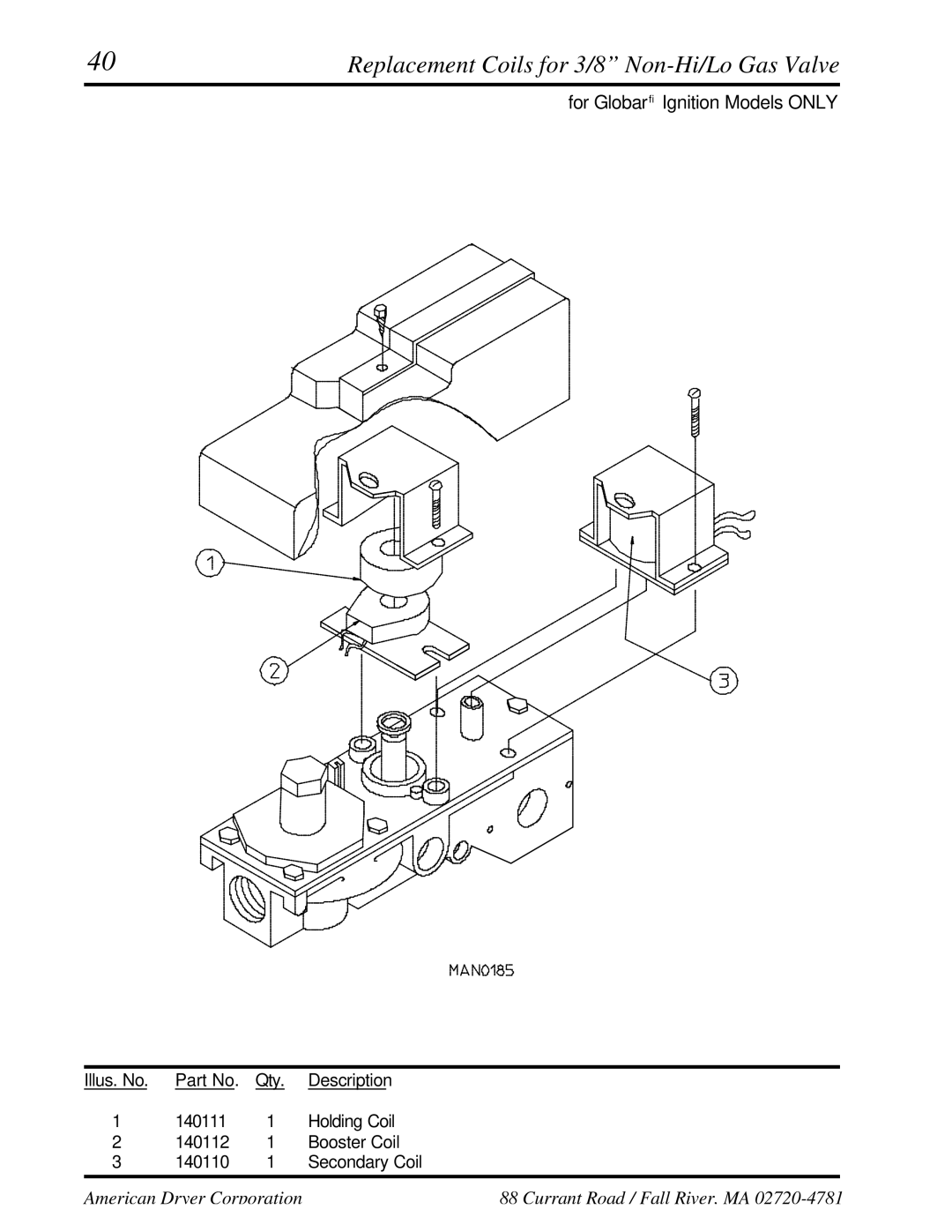 ADC UD-50 manual Replacement Coils for 3/8 Non-Hi/Lo Gas Valve 